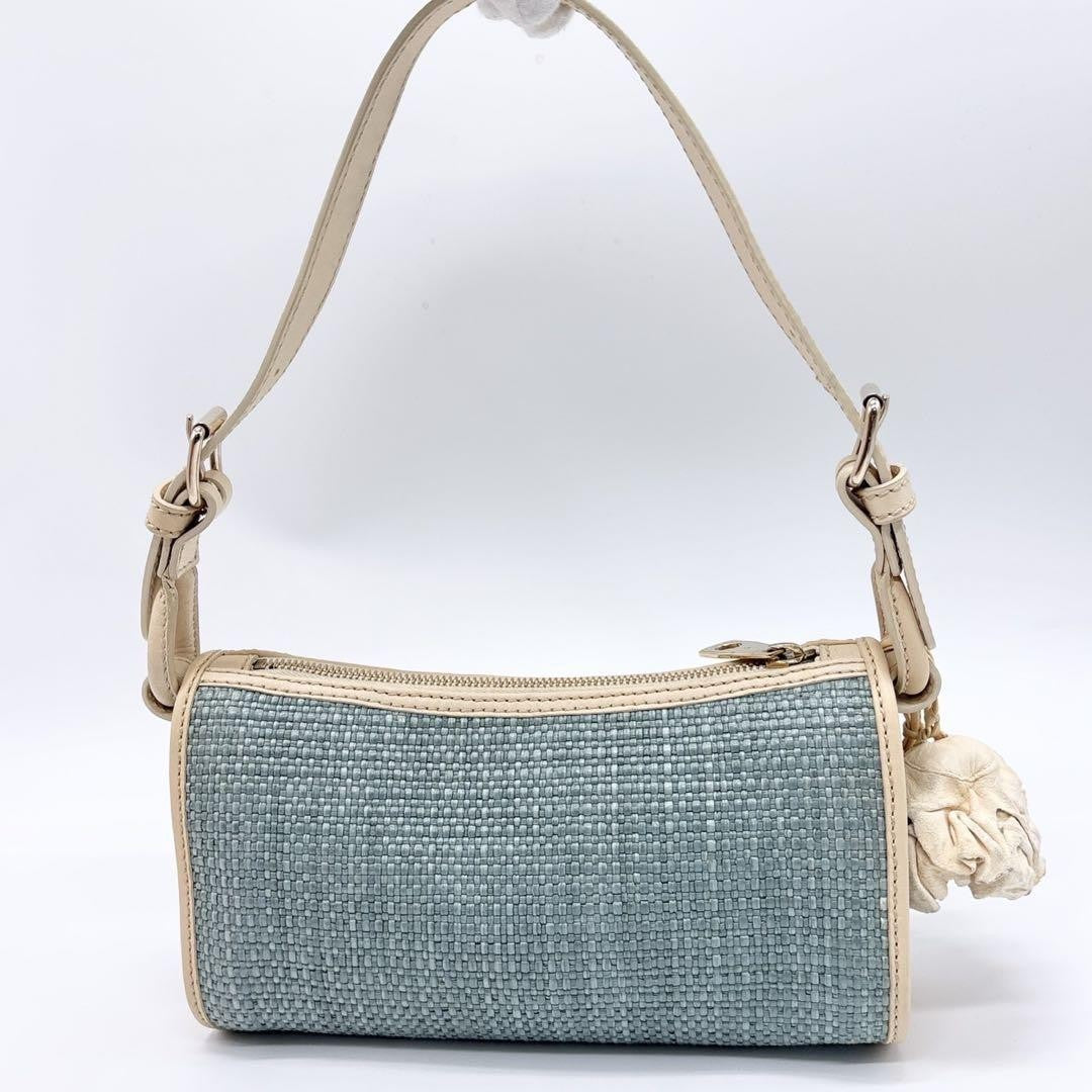 CELINE Accessory Pouch Hand Bag Tote Purse Leather Straw Blue Authentic