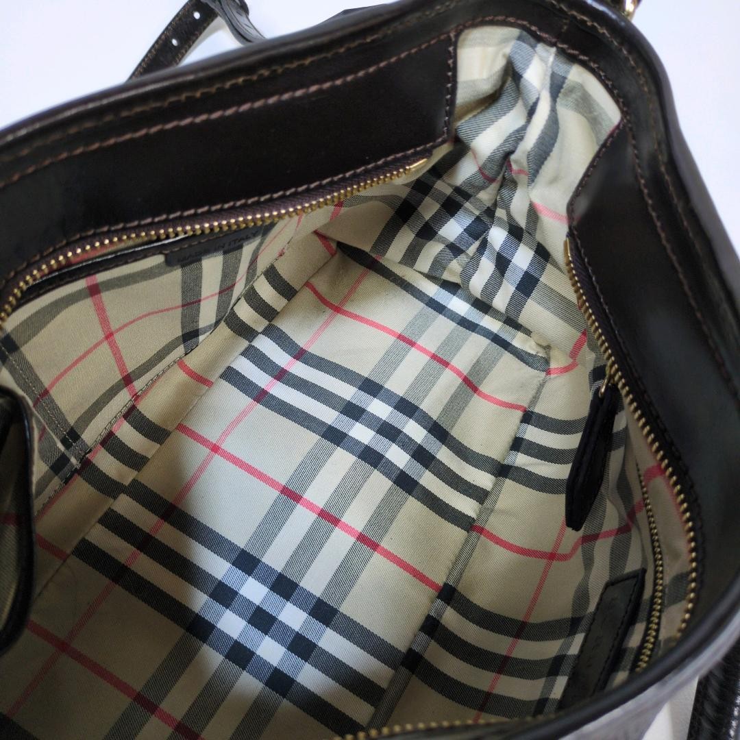 BURBERRY Hand Shoulder Bag Tote Purse 2way Nova Check Leather Dark Brown Auth