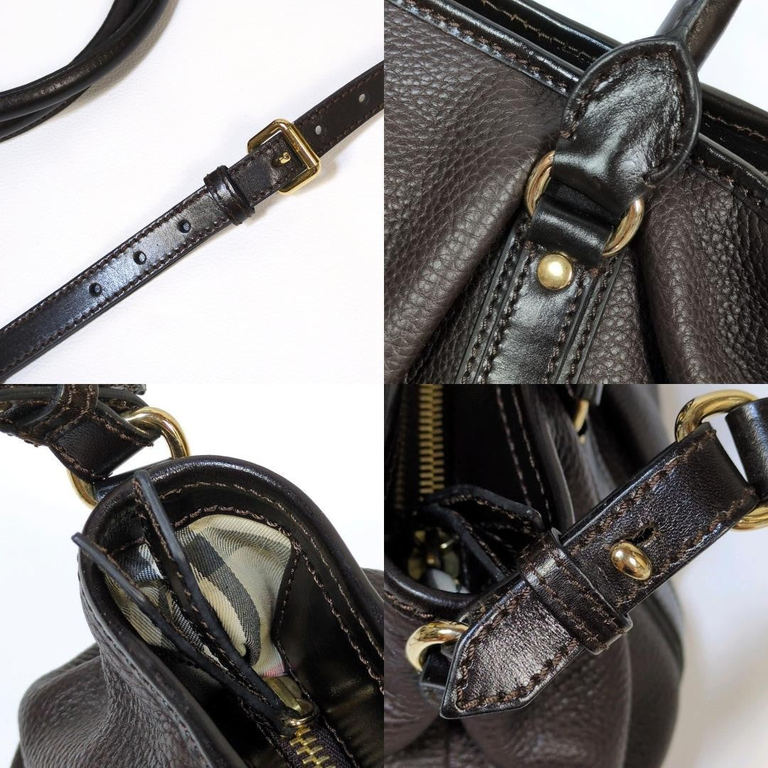 BURBERRY Hand Shoulder Bag Tote Purse 2way Nova Check Leather Dark Brown Auth
