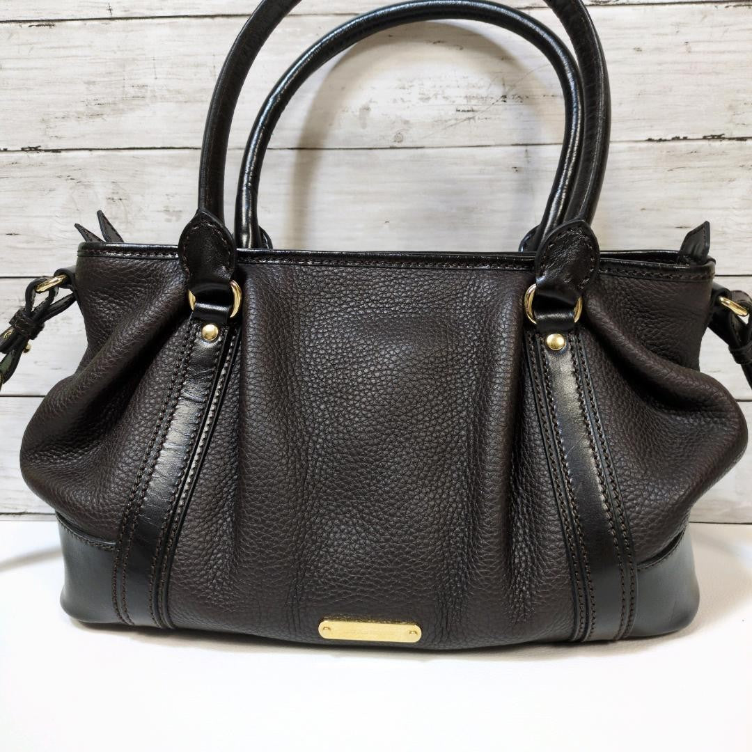 BURBERRY Hand Shoulder Bag Tote Purse 2way Nova Check Leather Dark Brown Auth