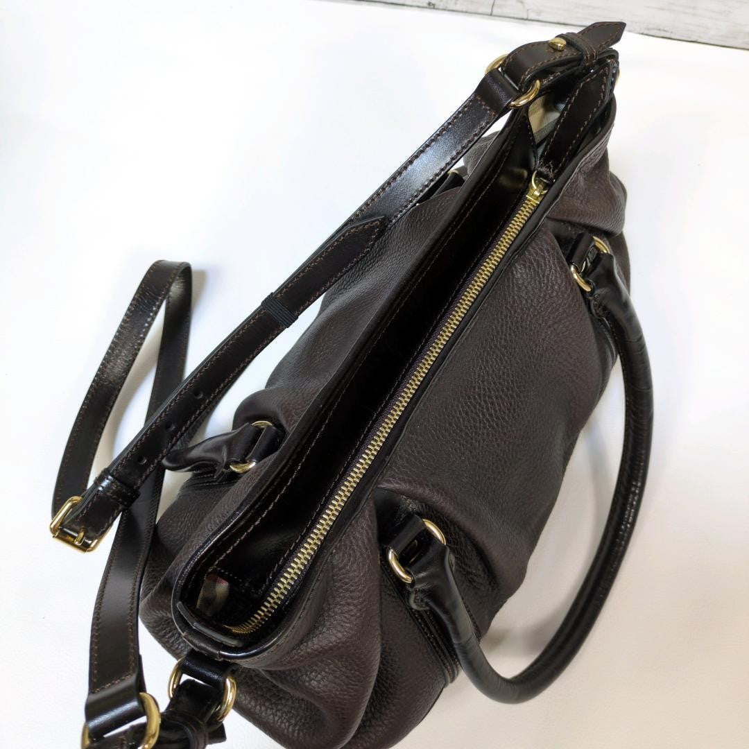 BURBERRY Hand Shoulder Bag Tote Purse 2way Nova Check Leather Dark Brown Auth