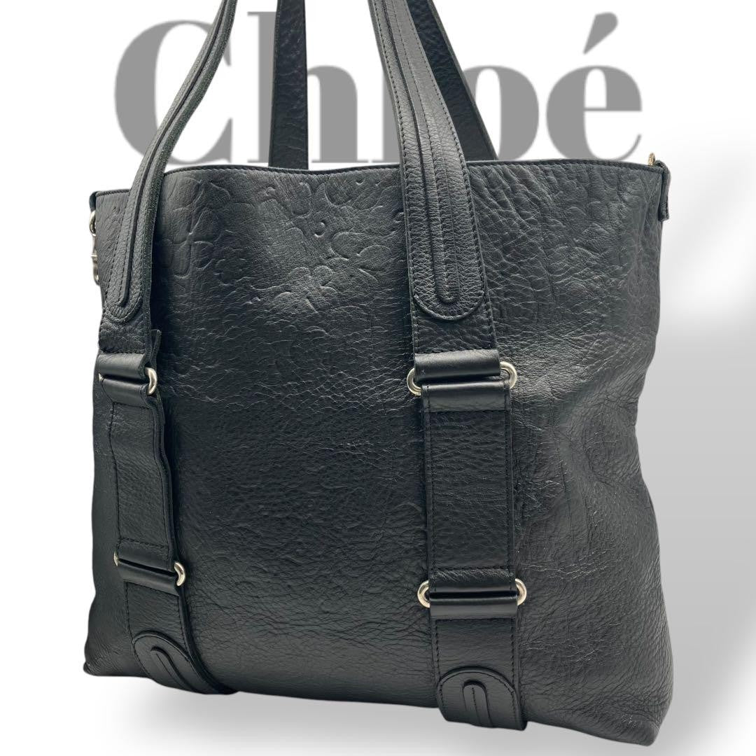 Chloe Hand Bag Tote Bag Logo Leather Black Silver Used Unisex Authentic