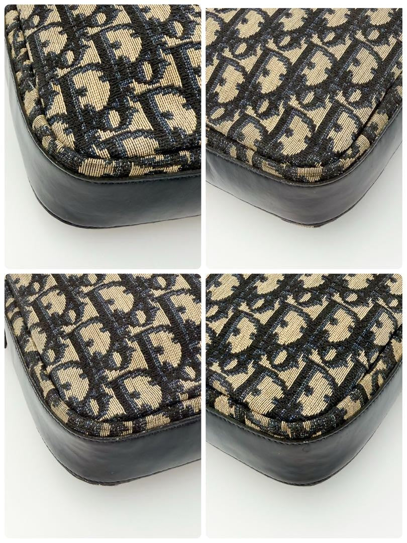 Christian Dior Shoulder Bag Purse 2way Trotter Canvas Leather Navy Beige Auth