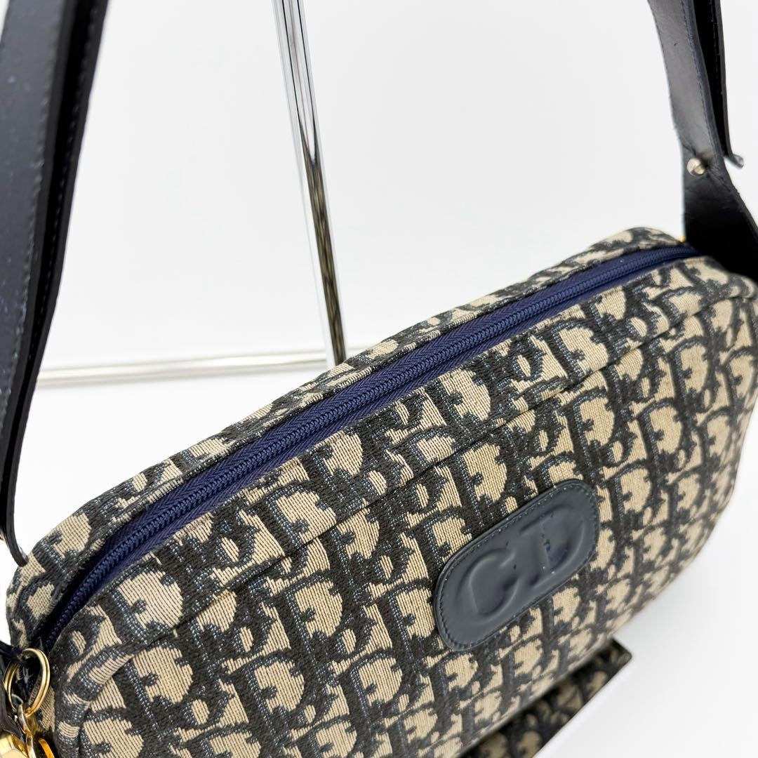 Christian Dior Shoulder Bag Purse 2way Trotter Canvas Leather Navy Beige Auth
