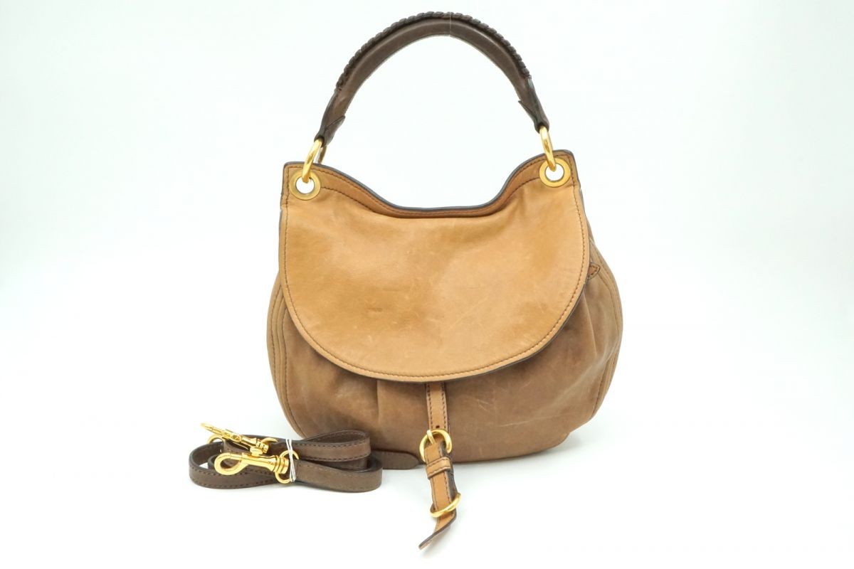 MIU MIU Hand Shoulder Bag Tote Purse 2way Logo Leather Brown Authentic
