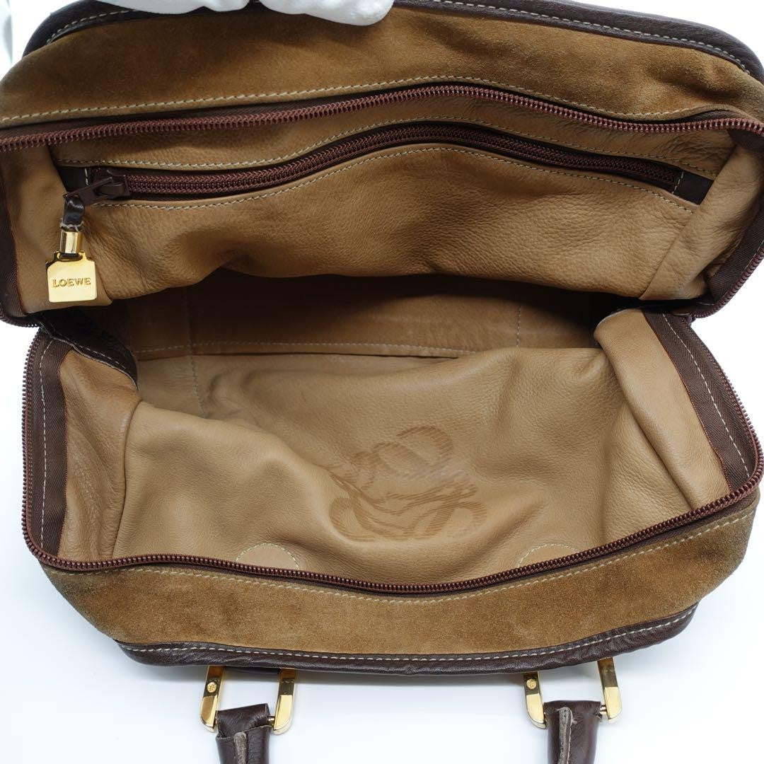 LOEWE Bag Anagram Hand Tote Purse Leather Suede Beige Brown Gold Vntage