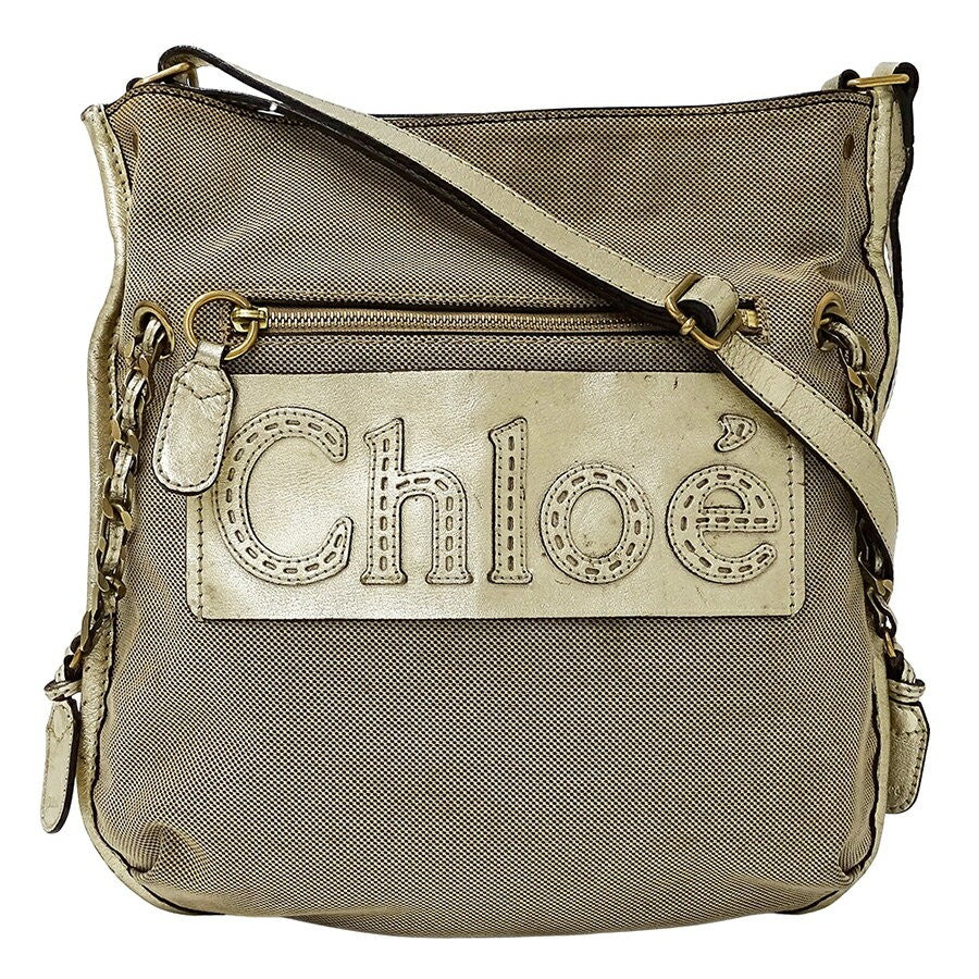 Chloe Shoulder Bag Purse Logo Canvas Gold Brown Authentic