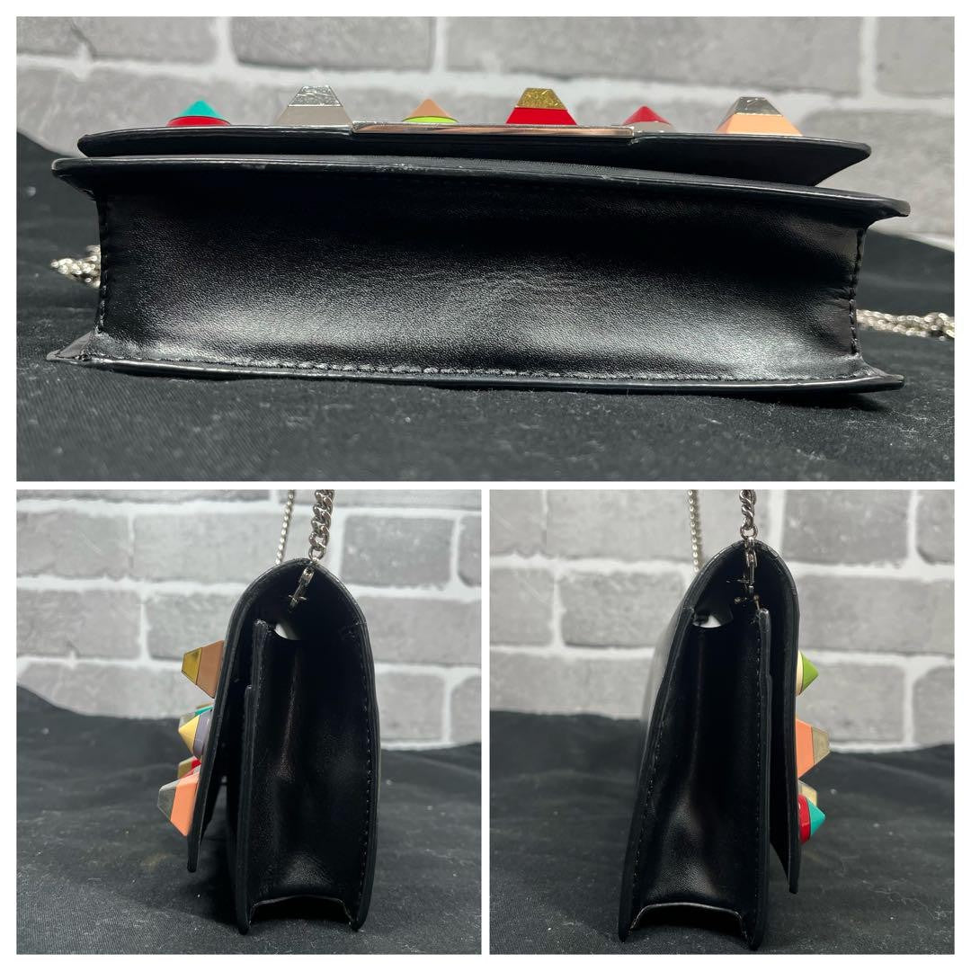 FENDI Shoulder Bag Purse Chain Studs Leather Black Multicolor Authentic