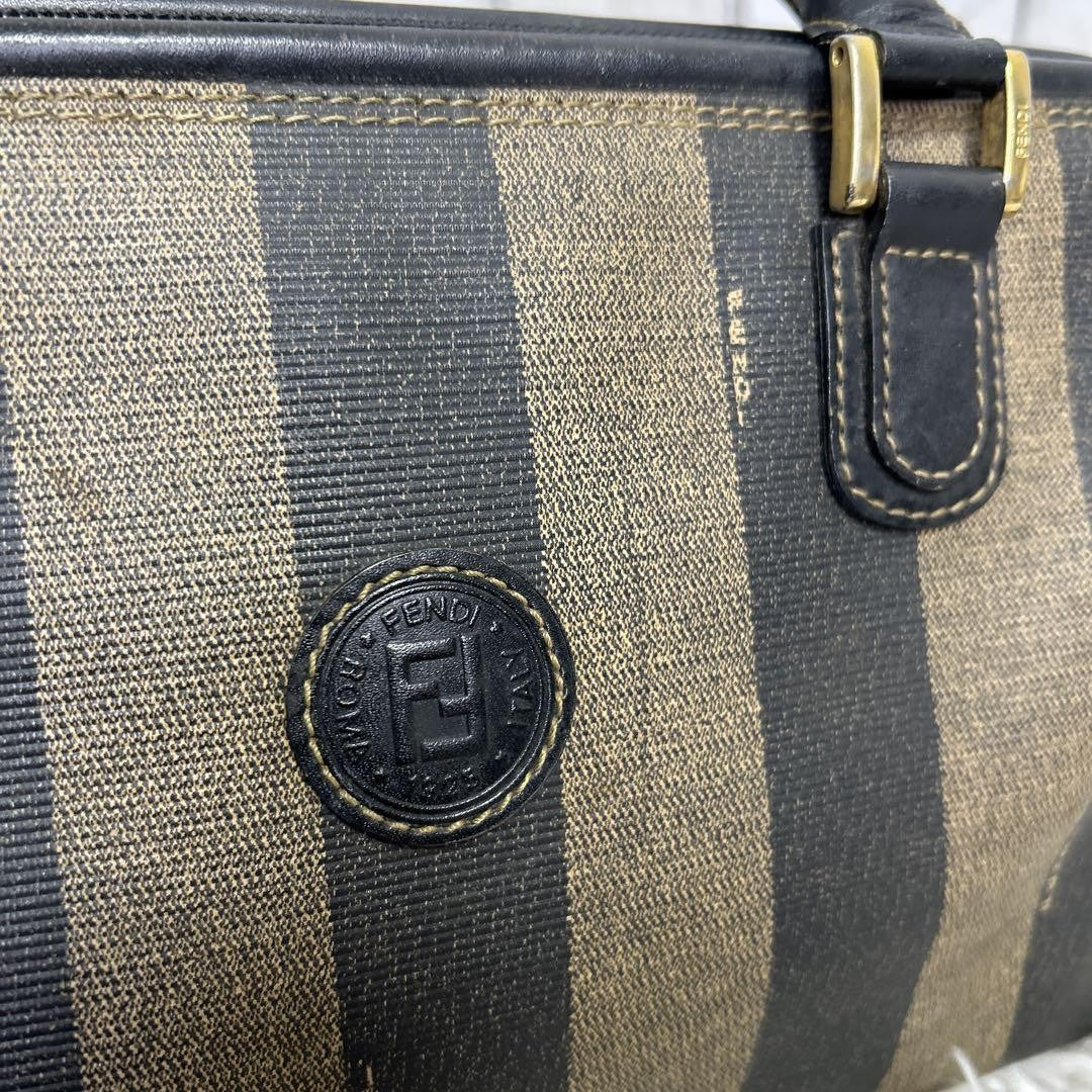 FENDI Hand Bag Tote Purse Mini Boston Bag FF Pecan PVC Leather Brown Black Auth