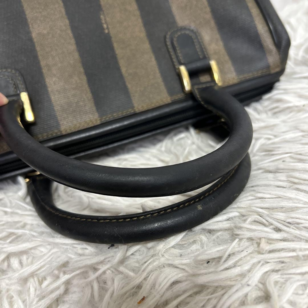 FENDI Hand Bag Tote Purse Mini Boston Bag FF Pecan PVC Leather Brown Black Auth