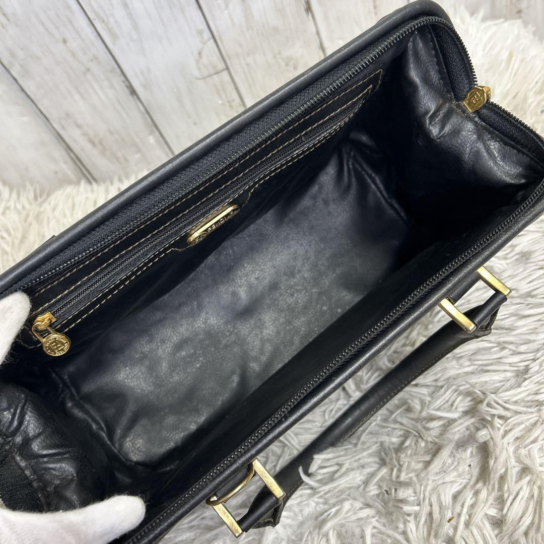 FENDI Hand Bag Tote Purse Mini Boston Bag FF Pecan PVC Leather Brown Black Auth
