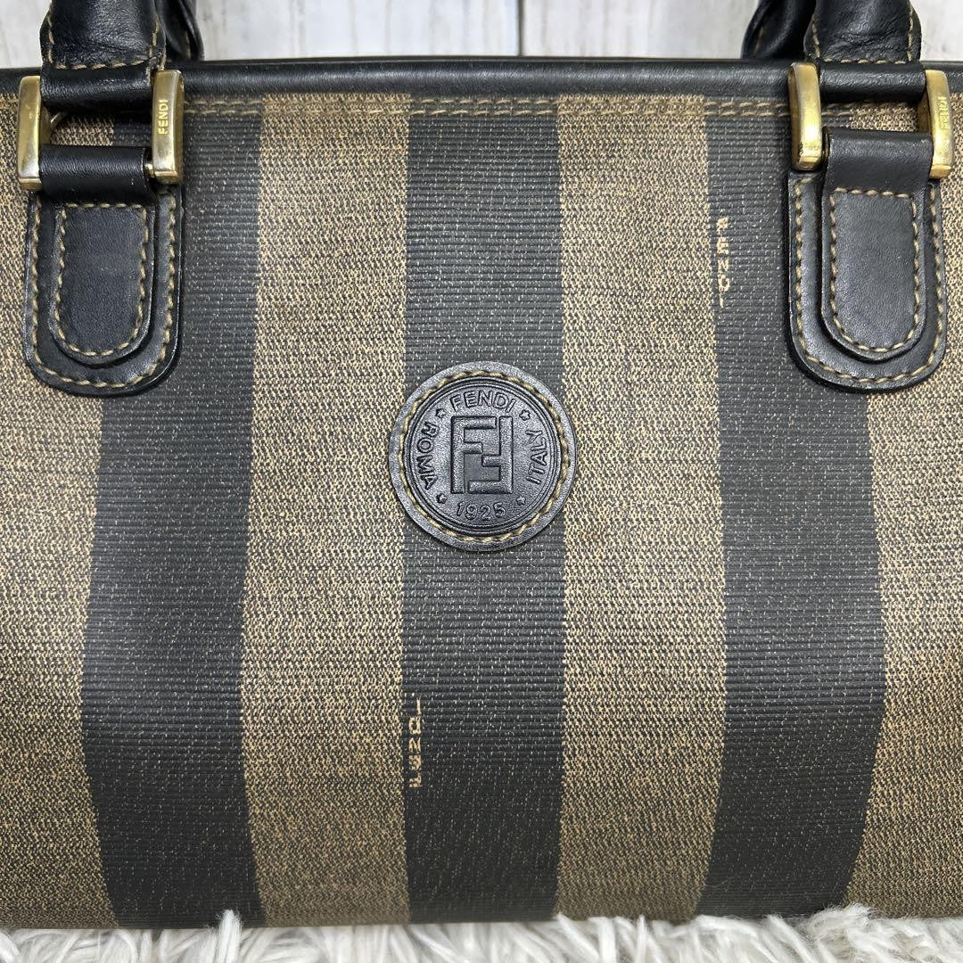 FENDI Hand Bag Tote Purse Mini Boston Bag FF Pecan PVC Leather Brown Black Auth