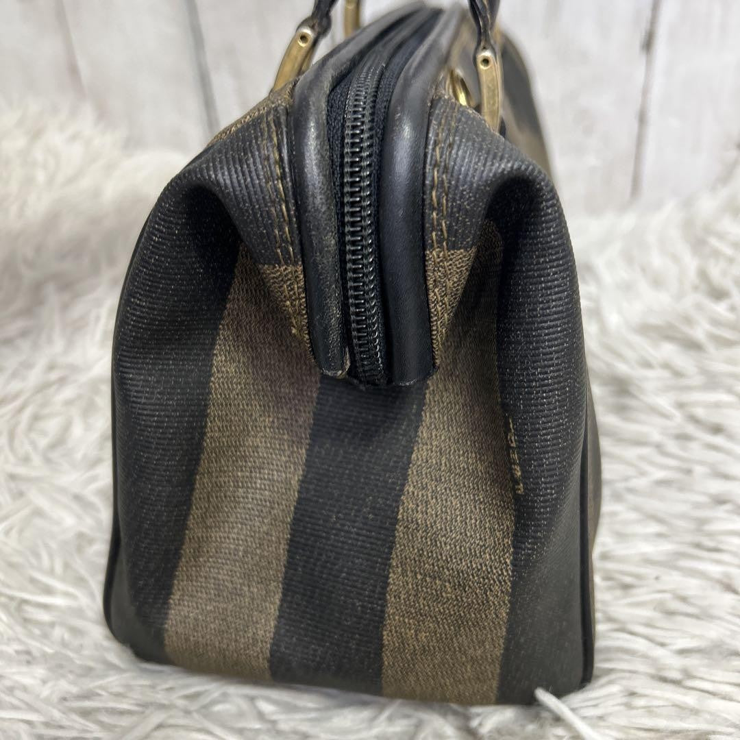 FENDI Hand Bag Tote Purse Mini Boston Bag FF Pecan PVC Leather Brown Black Auth