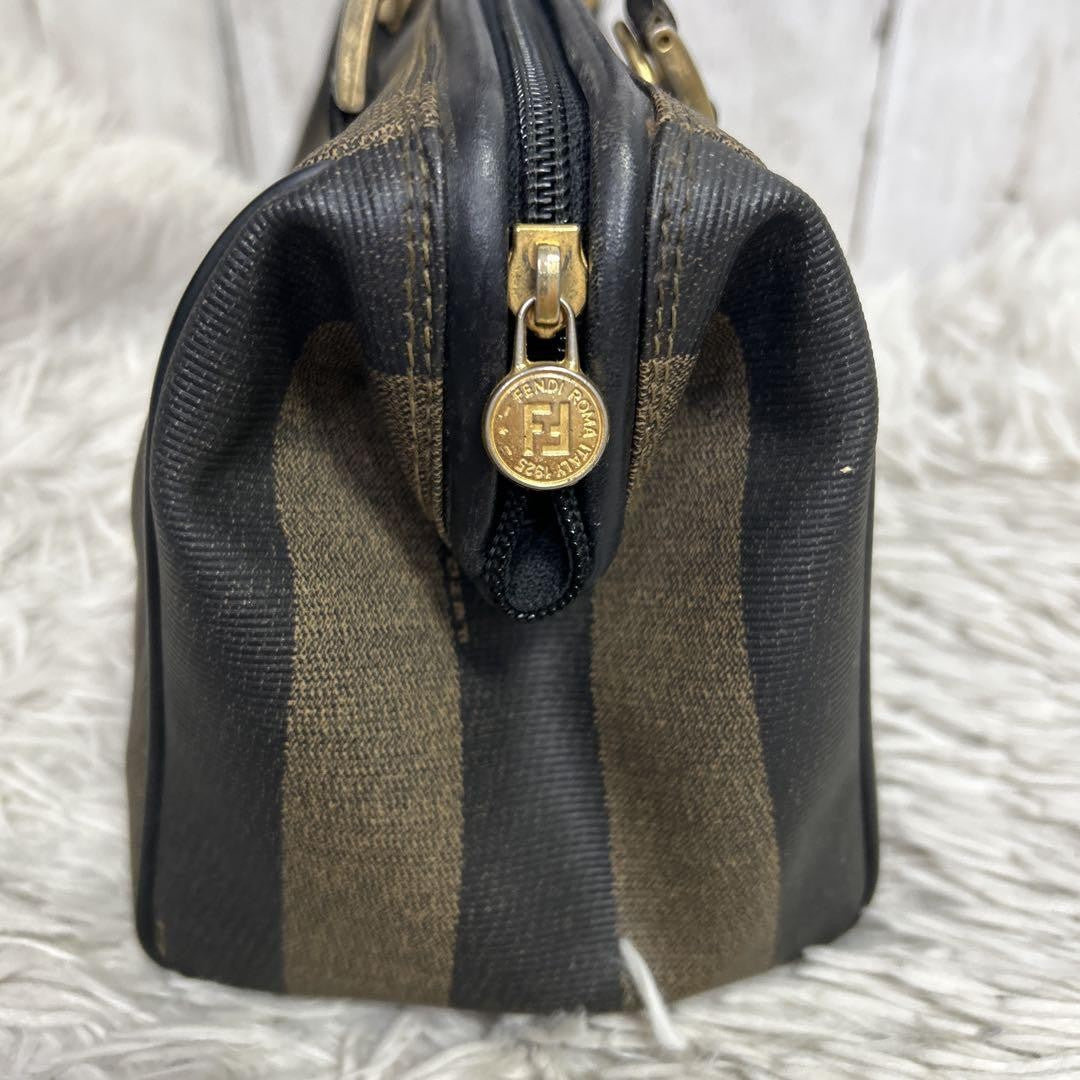 FENDI Hand Bag Tote Purse Mini Boston Bag FF Pecan PVC Leather Brown Black Auth