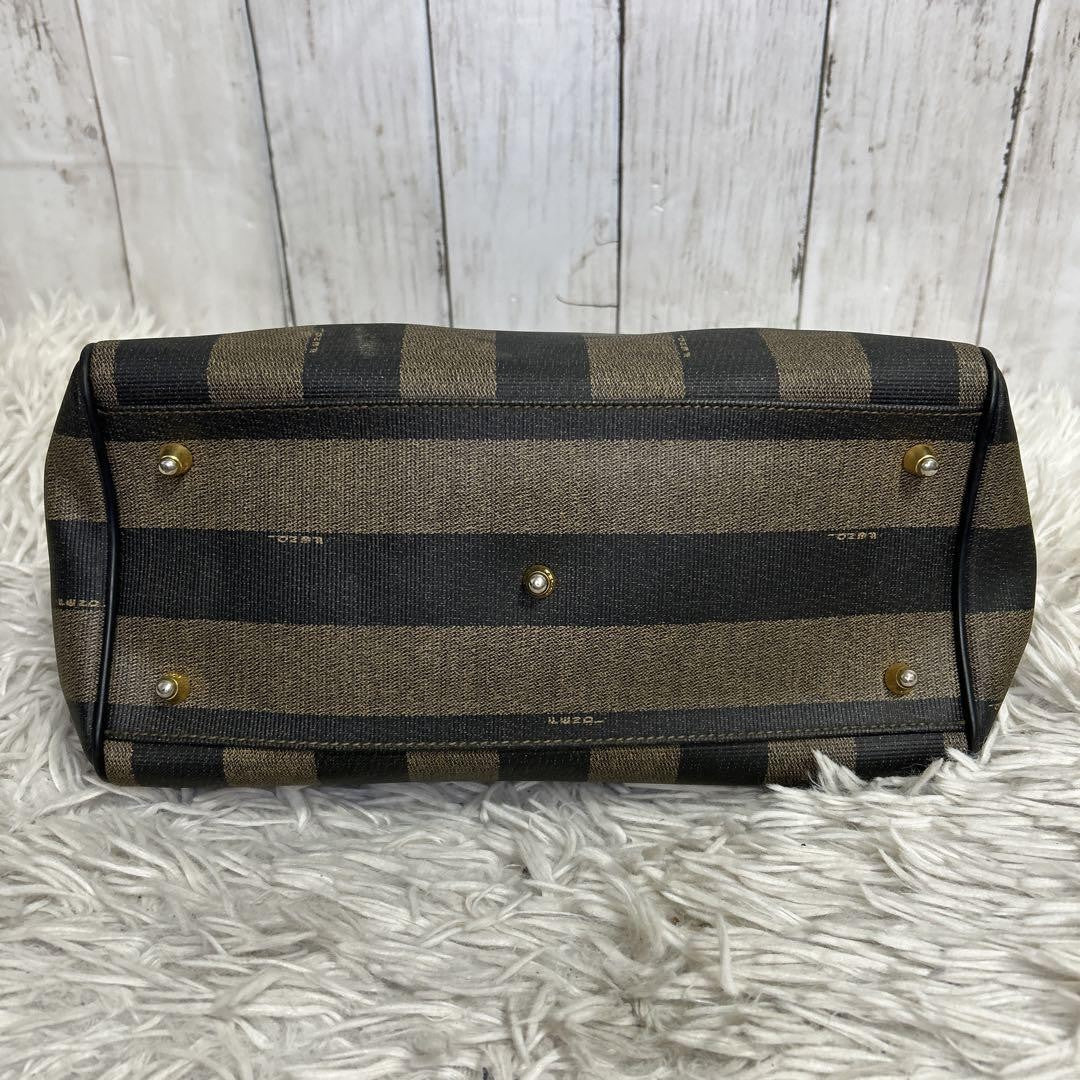 FENDI Hand Bag Tote Purse Mini Boston Bag FF Pecan PVC Leather Brown Black Auth