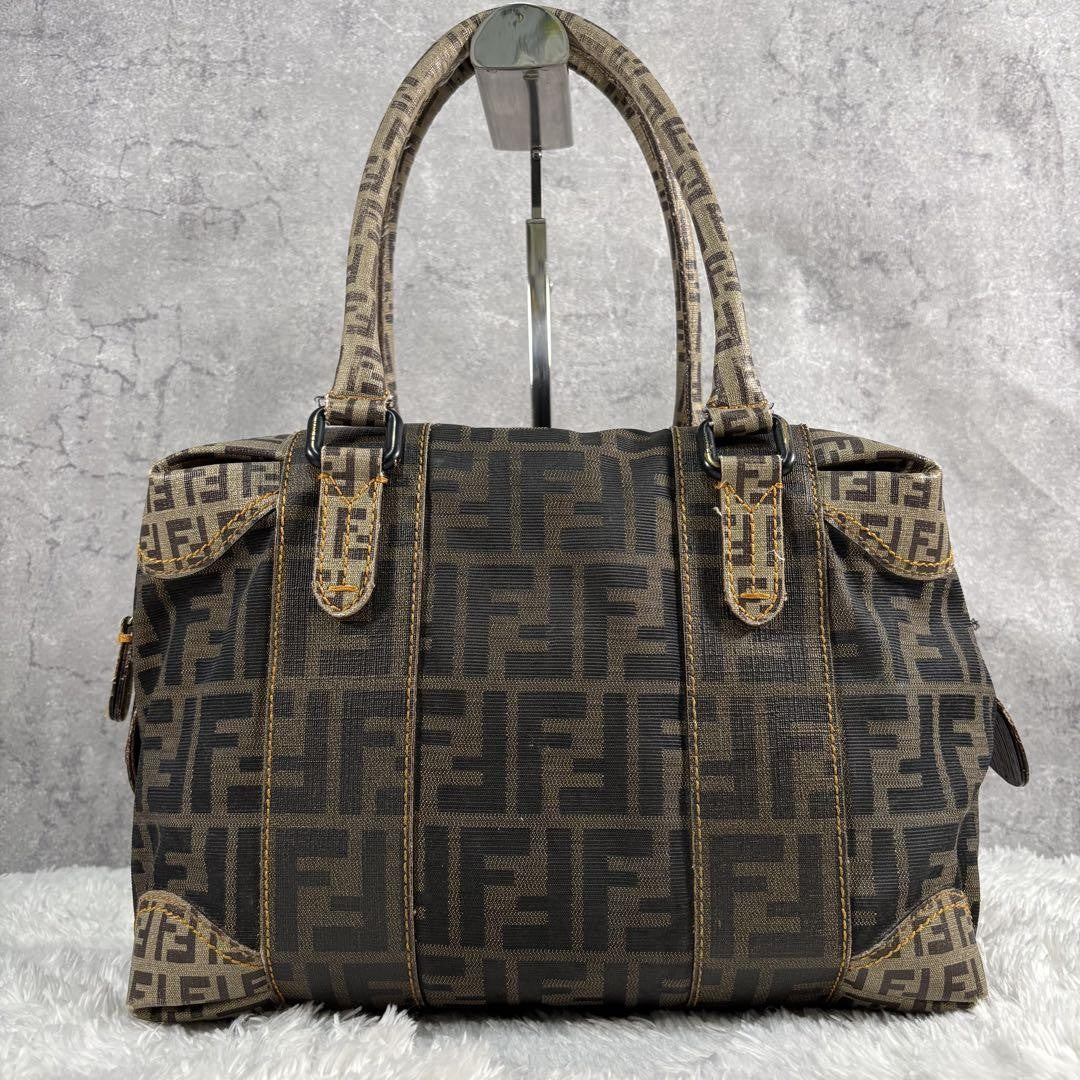 FENDI Hand Bag Tote Purse Mini Boston FF Zucca PVC Leather Canvas Brown Beige