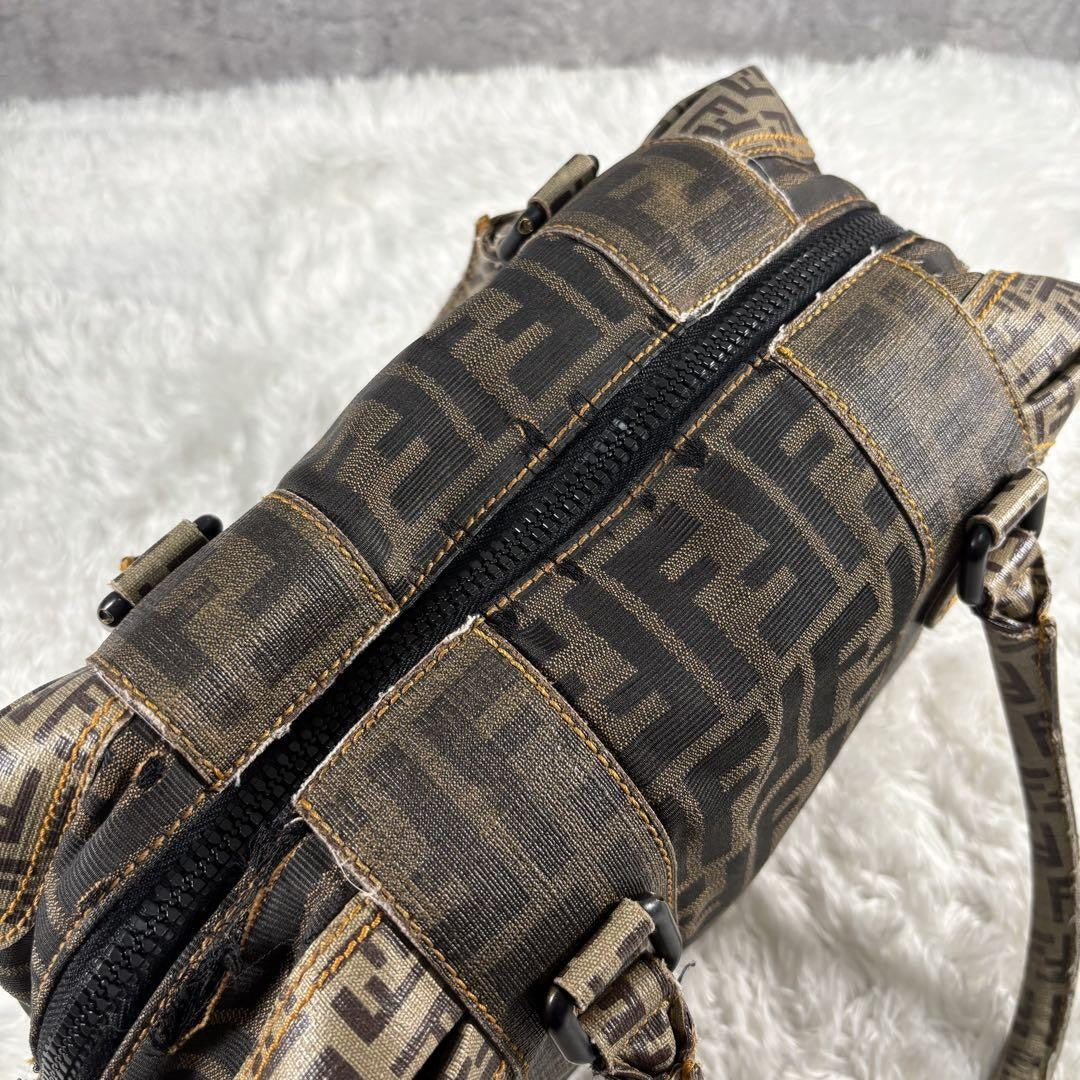 FENDI Hand Bag Tote Purse Mini Boston FF Zucca PVC Leather Canvas Brown Beige