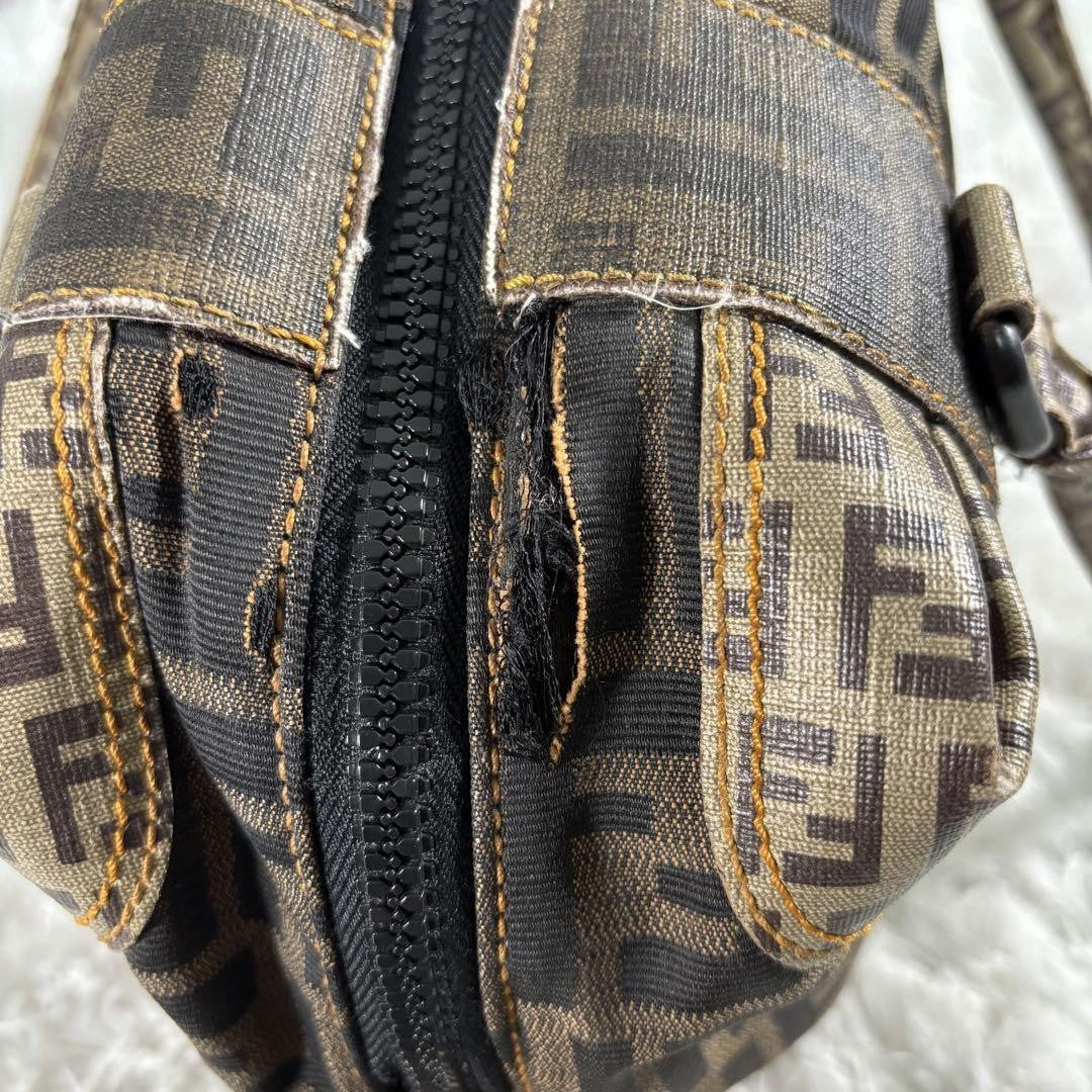 FENDI Hand Bag Tote Purse Mini Boston FF Zucca PVC Leather Canvas Brown Beige
