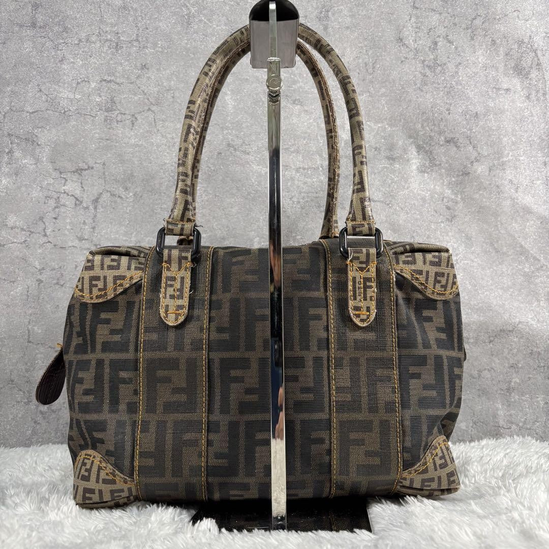 FENDI Hand Bag Tote Purse Mini Boston FF Zucca PVC Leather Canvas Brown Beige