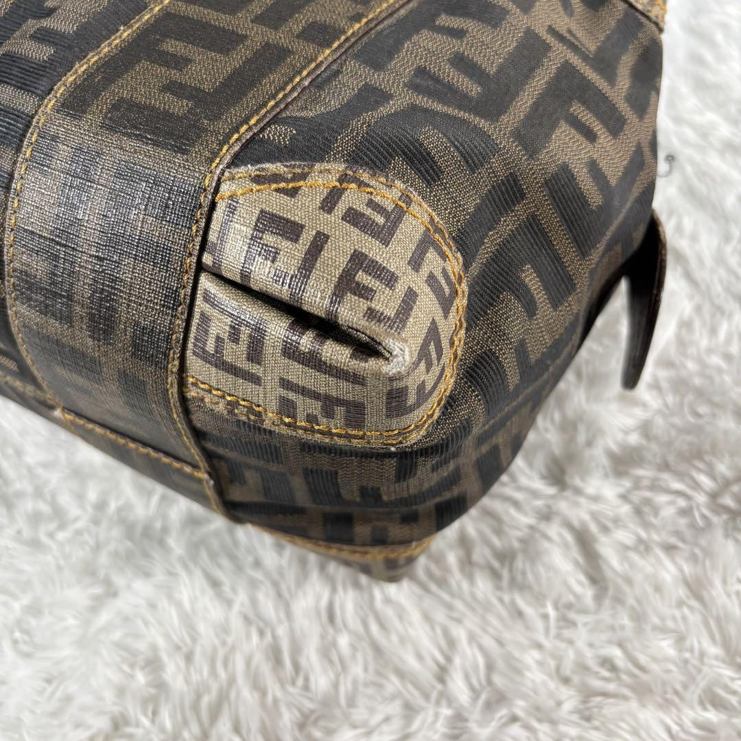 FENDI Hand Bag Tote Purse Mini Boston FF Zucca PVC Leather Canvas Brown Beige