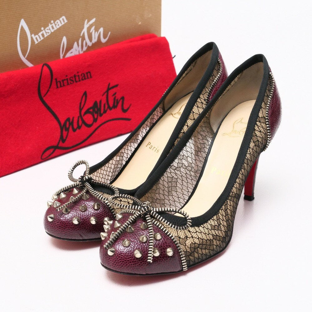 Christian Louboutin Shoes Pumps Heel Studs EU 37.5 US 7.5 Leather Burgundy Auth