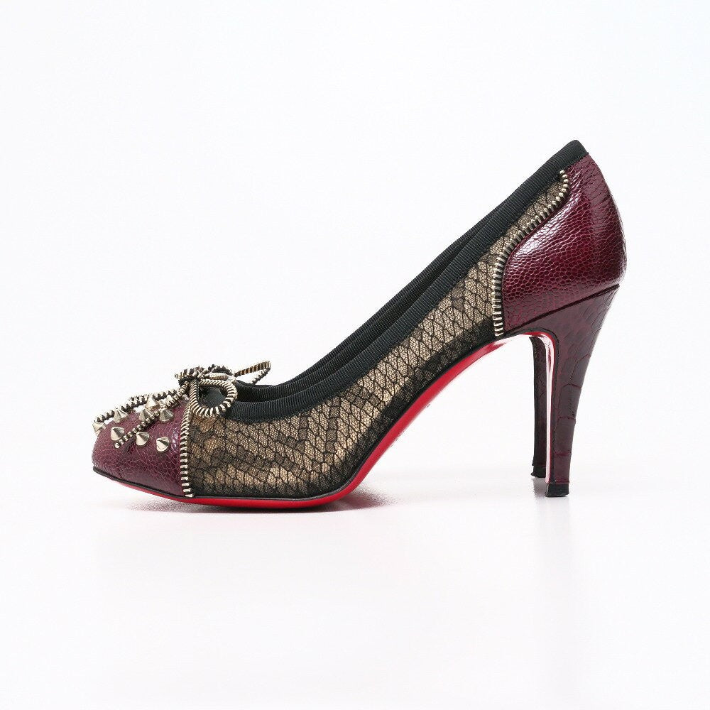 Christian Louboutin Shoes Pumps Heel Studs EU 37.5 US 7.5 Leather Burgundy Auth
