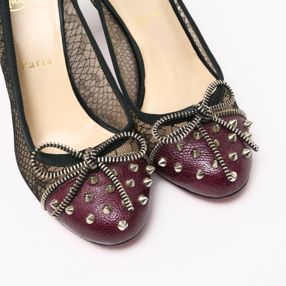 Christian Louboutin Shoes Pumps Heel Studs EU 37.5 US 7.5 Leather Burgundy Auth