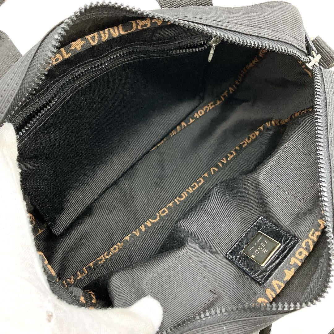 FENDI Mini Boston Bag Hand Shoulder Bag Tote Purse 2way Logo Nylon Black Auth