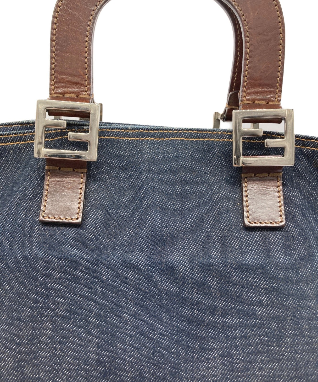FENDI Hand Bag Tote Purse FF Denim Leather Indigo Brown Authentic