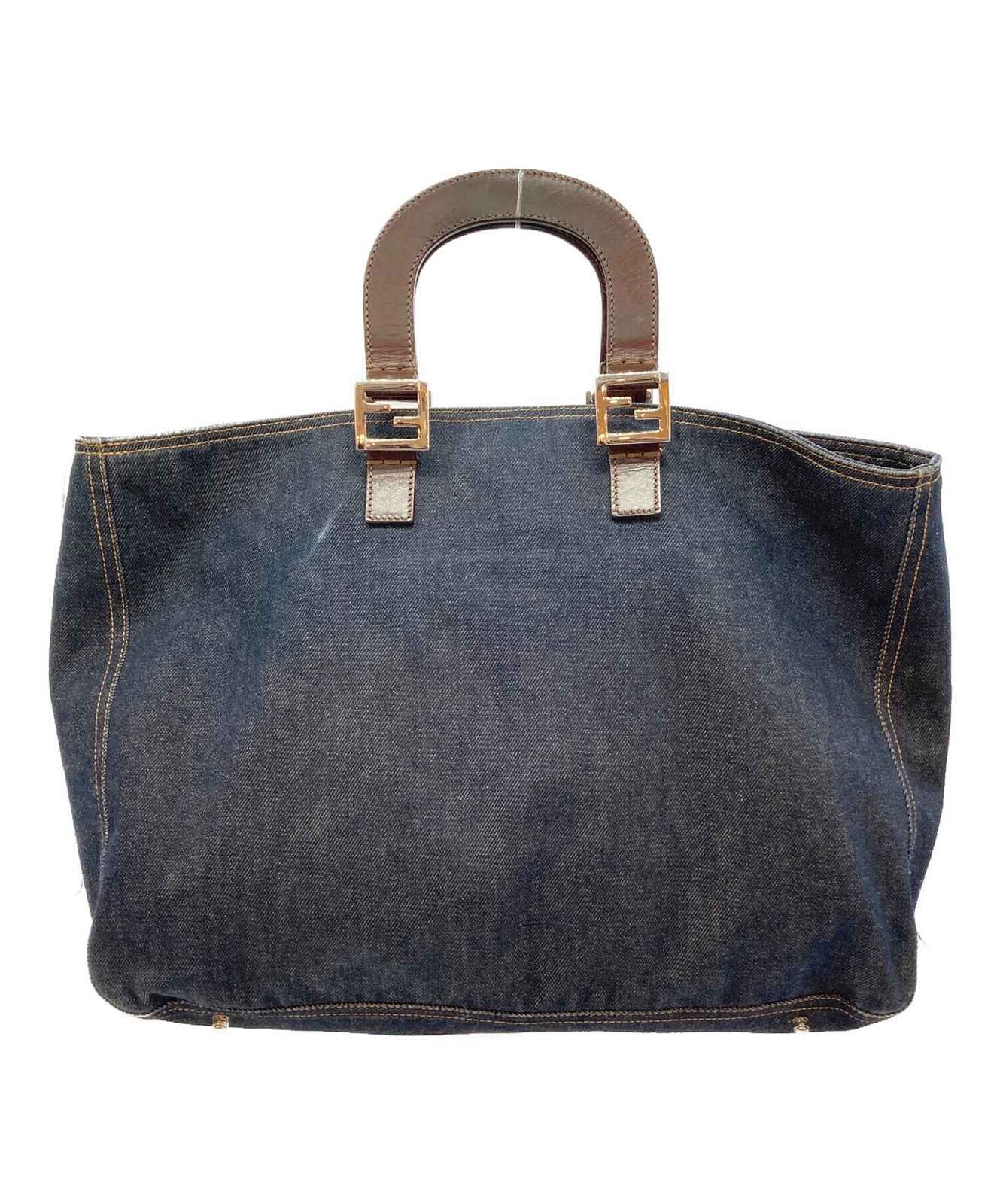 FENDI Hand Bag Tote Purse FF Denim Leather Indigo Brown Authentic