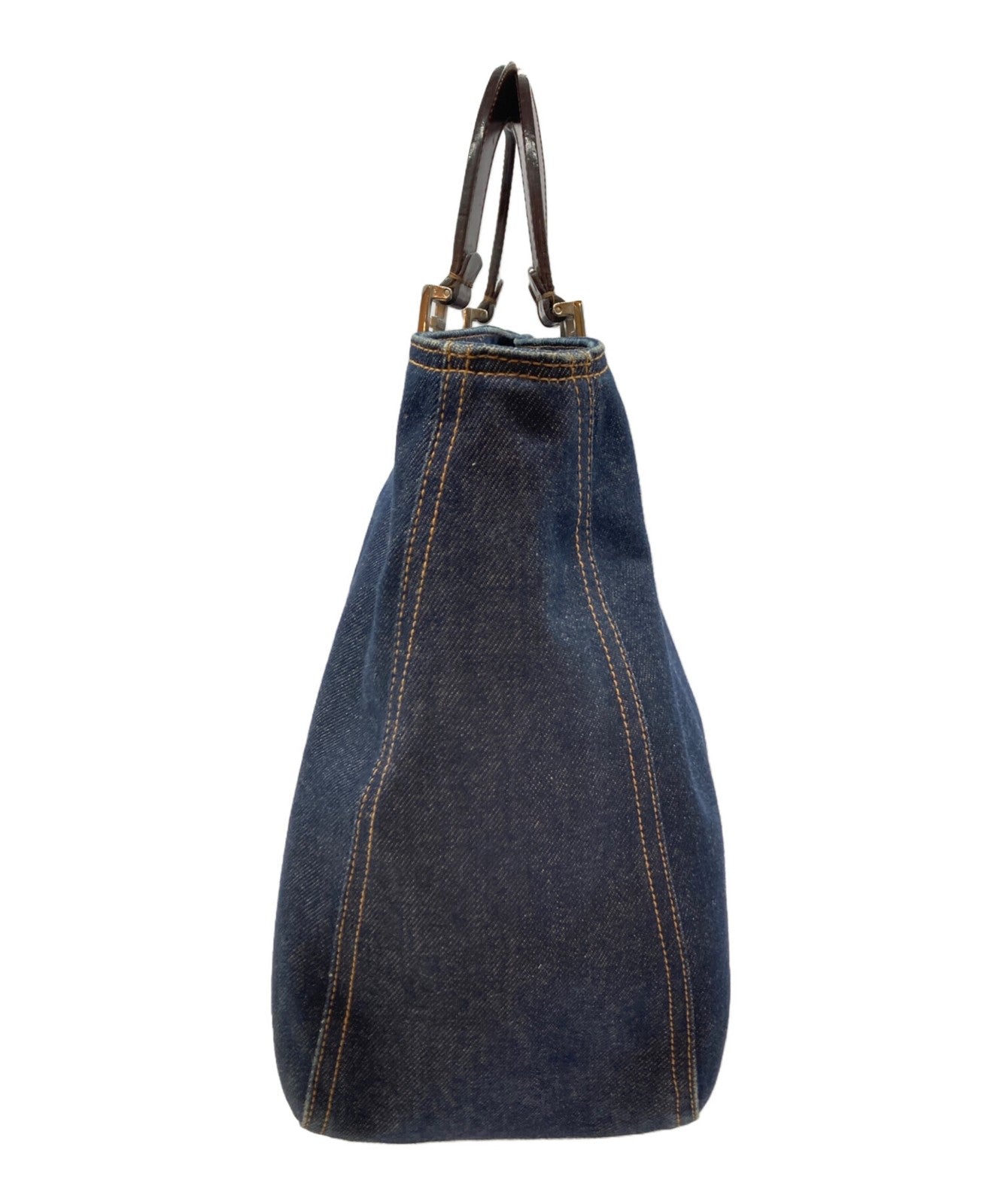 FENDI Hand Bag Tote Purse FF Denim Leather Indigo Brown Authentic