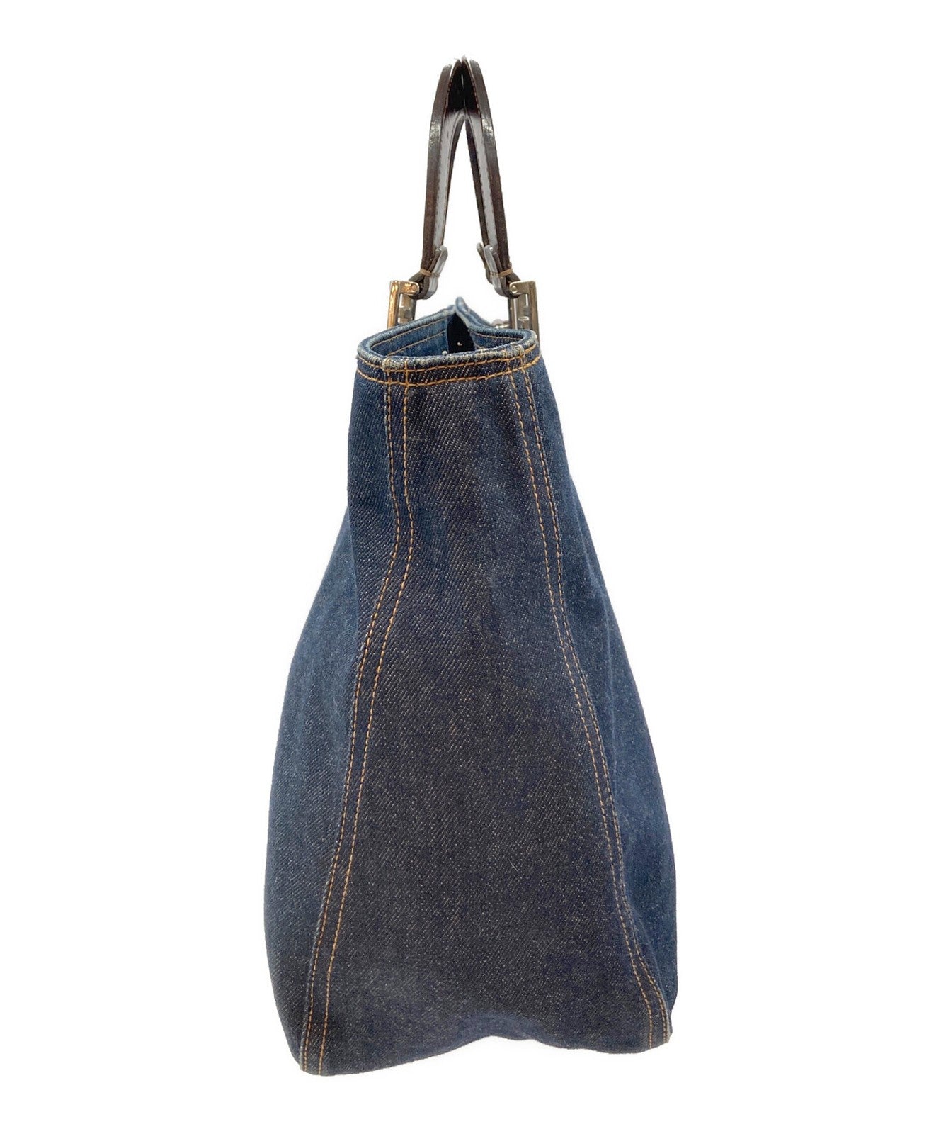 FENDI Hand Bag Tote Purse FF Denim Leather Indigo Brown Authentic