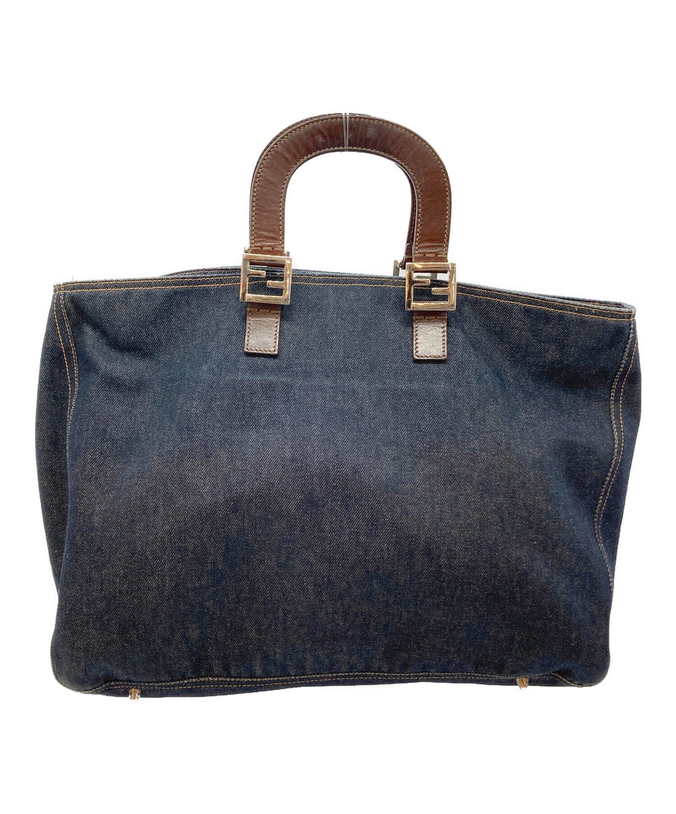 FENDI Hand Bag Tote Purse FF Denim Leather Indigo Brown Authentic