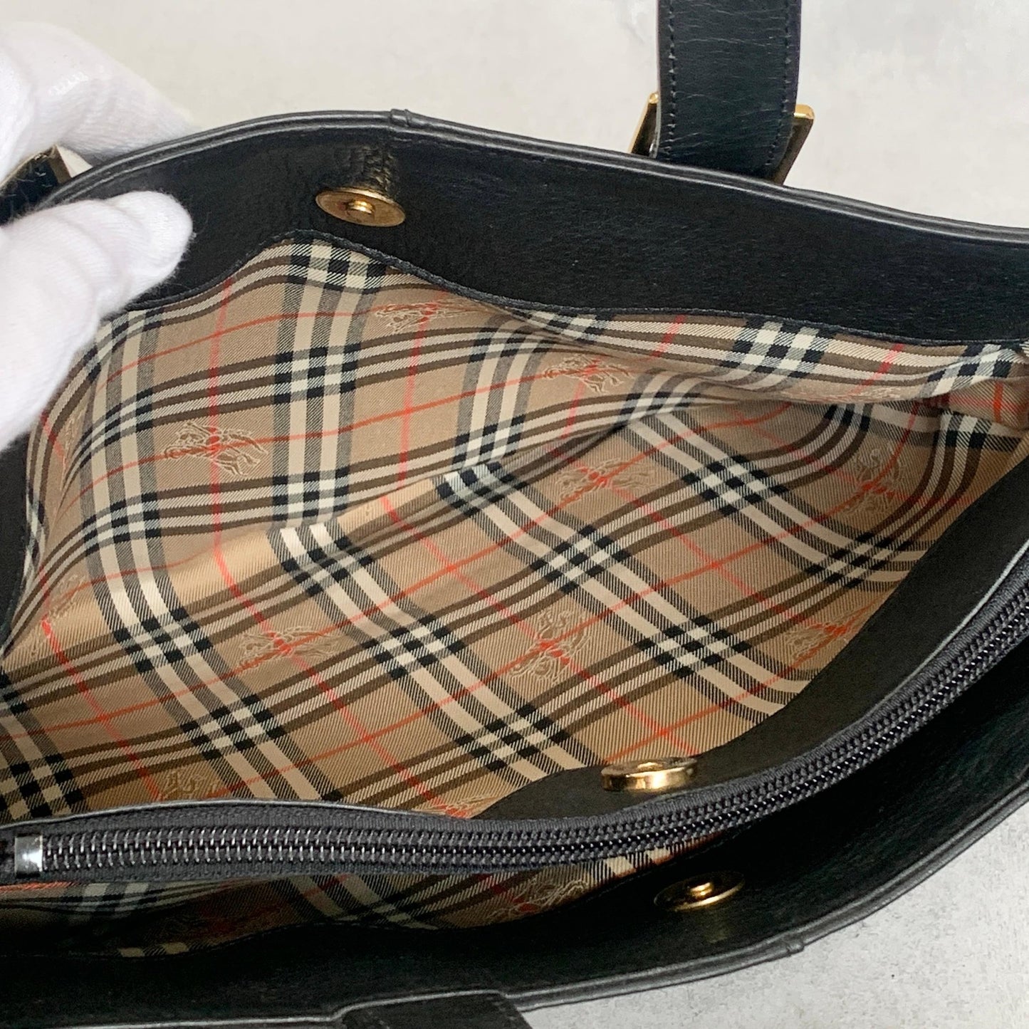 BURBERRY Bag Nova Check Hand Tote Purse Leather Black Gold Used Authentic