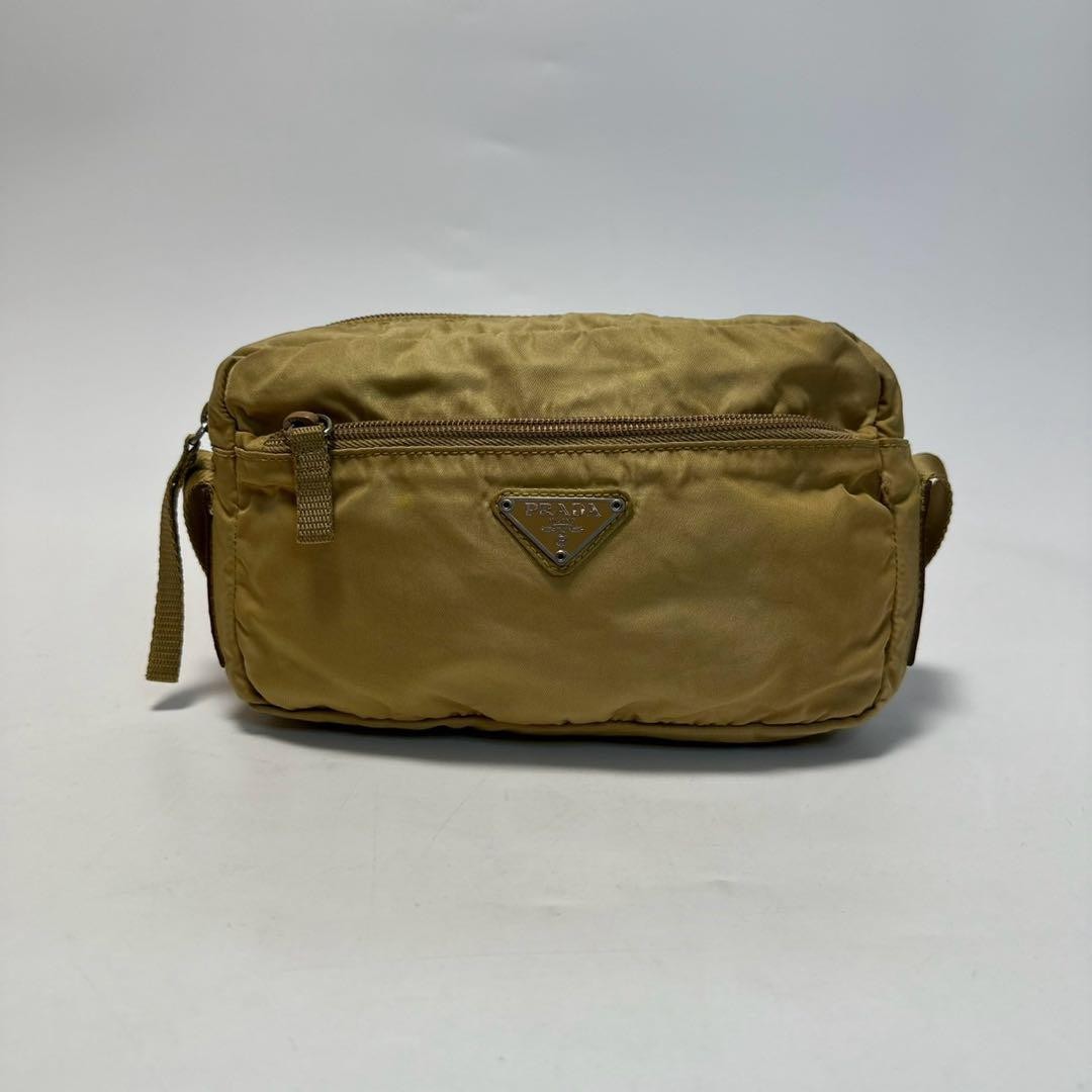 PRADA Shoulder Bag Purse Logo Nylon Leather Beige Authentic