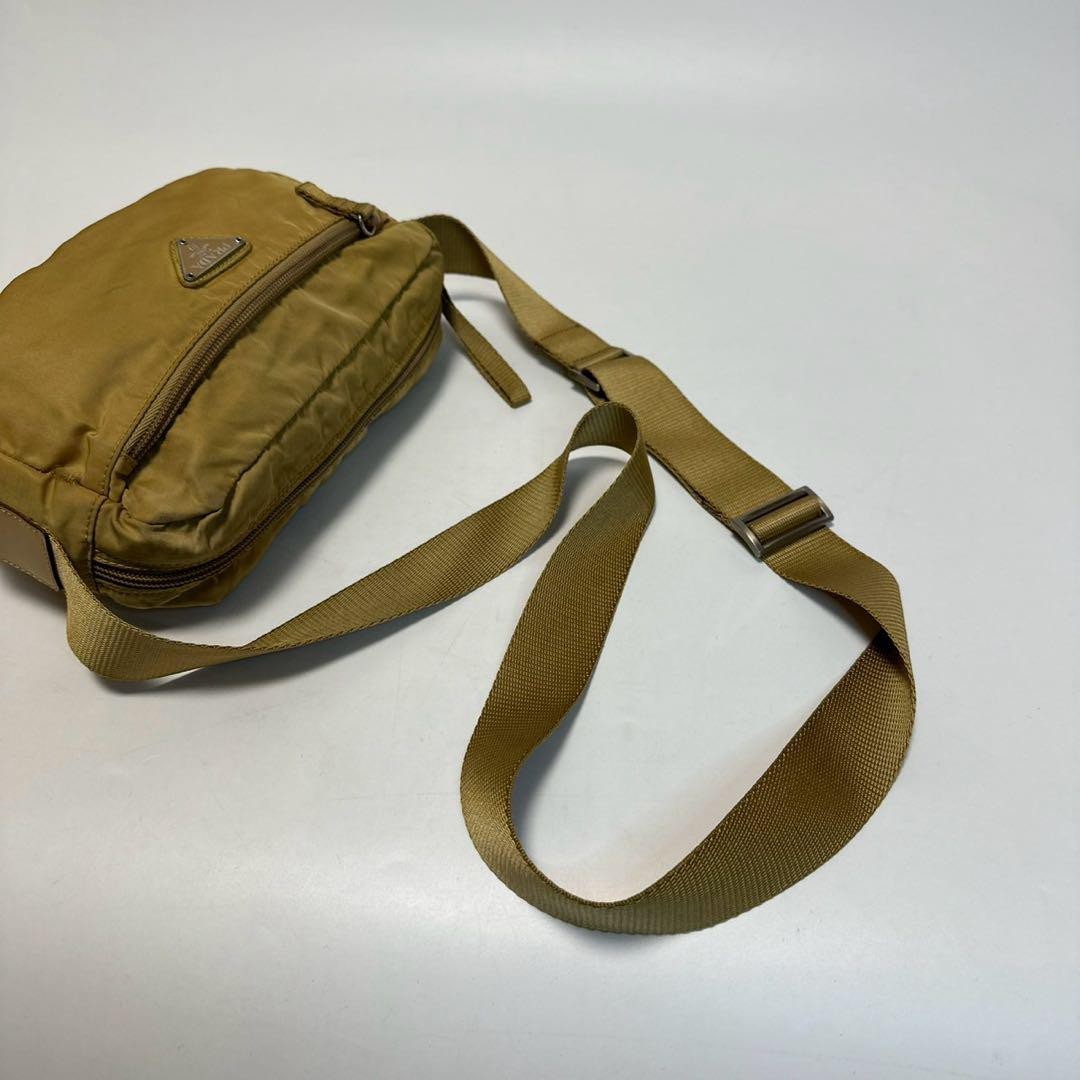 PRADA Shoulder Bag Purse Logo Nylon Leather Beige Authentic