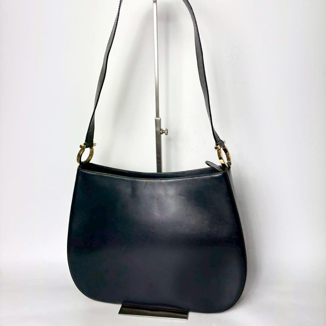 Salvatore Ferragamo Shoulder bag Gancini Purse Navy Gold Used Authentic Women's