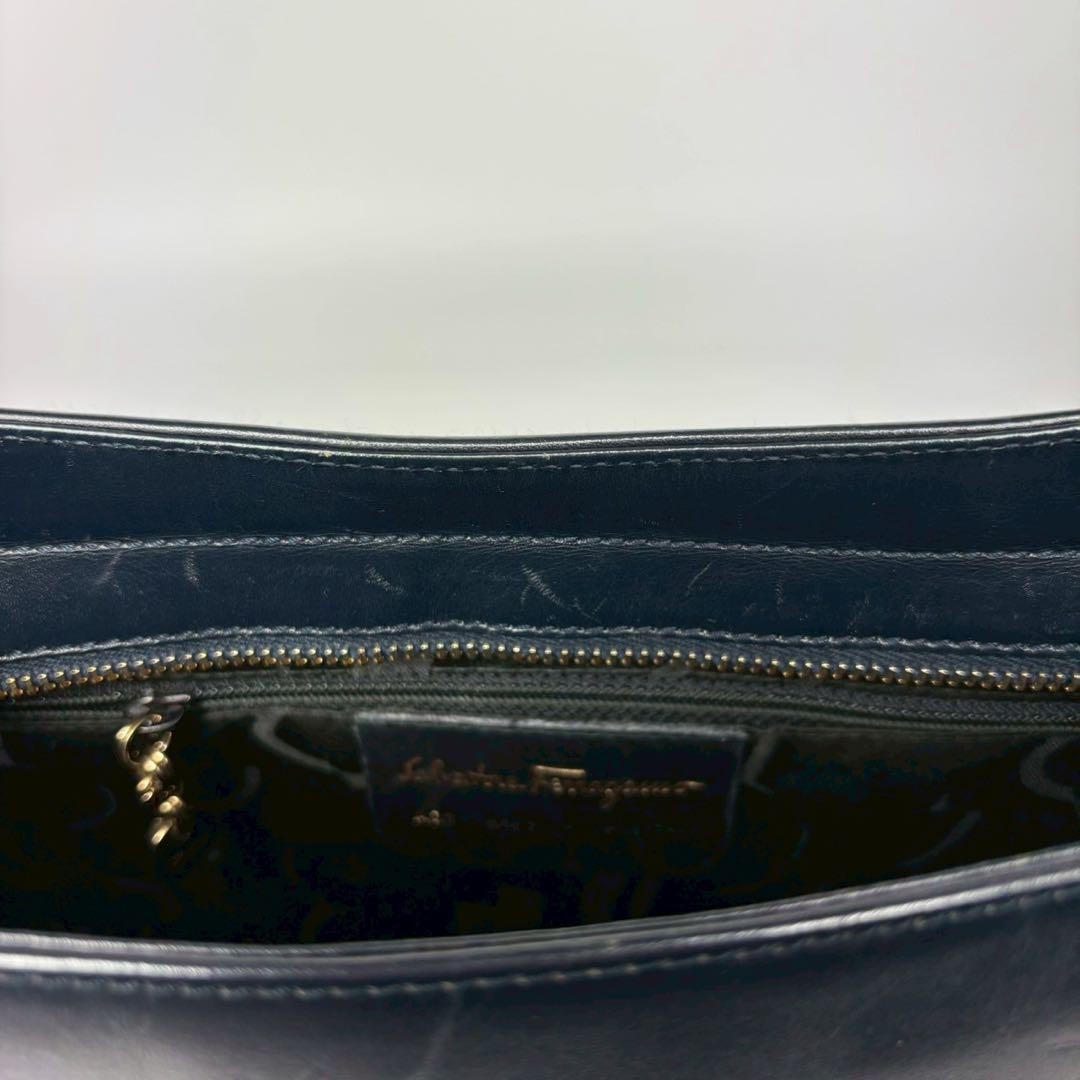 Salvatore Ferragamo Shoulder bag Gancini Purse Navy Gold Used Authentic Women's