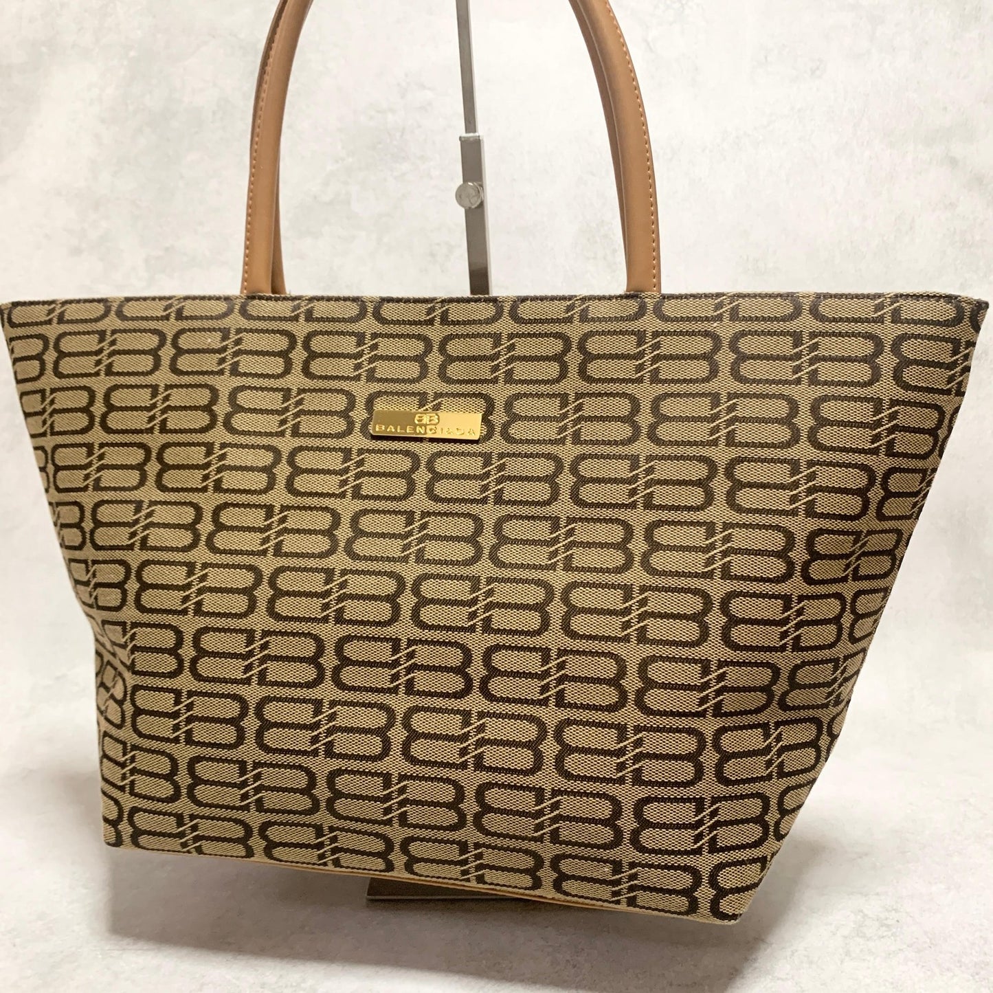 BALENCIAGA Bag BB Logo Hand Tote Purse Canvas Beige Gold Used Authentic