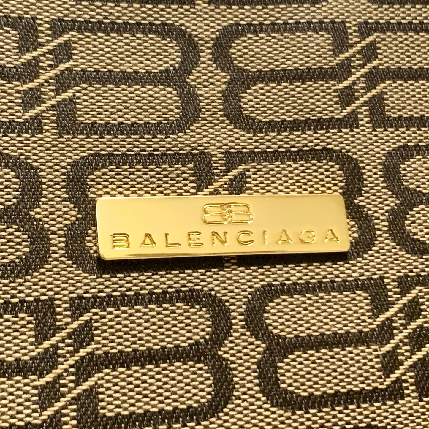 BALENCIAGA Bag BB Logo Hand Tote Purse Canvas Beige Gold Used Authentic