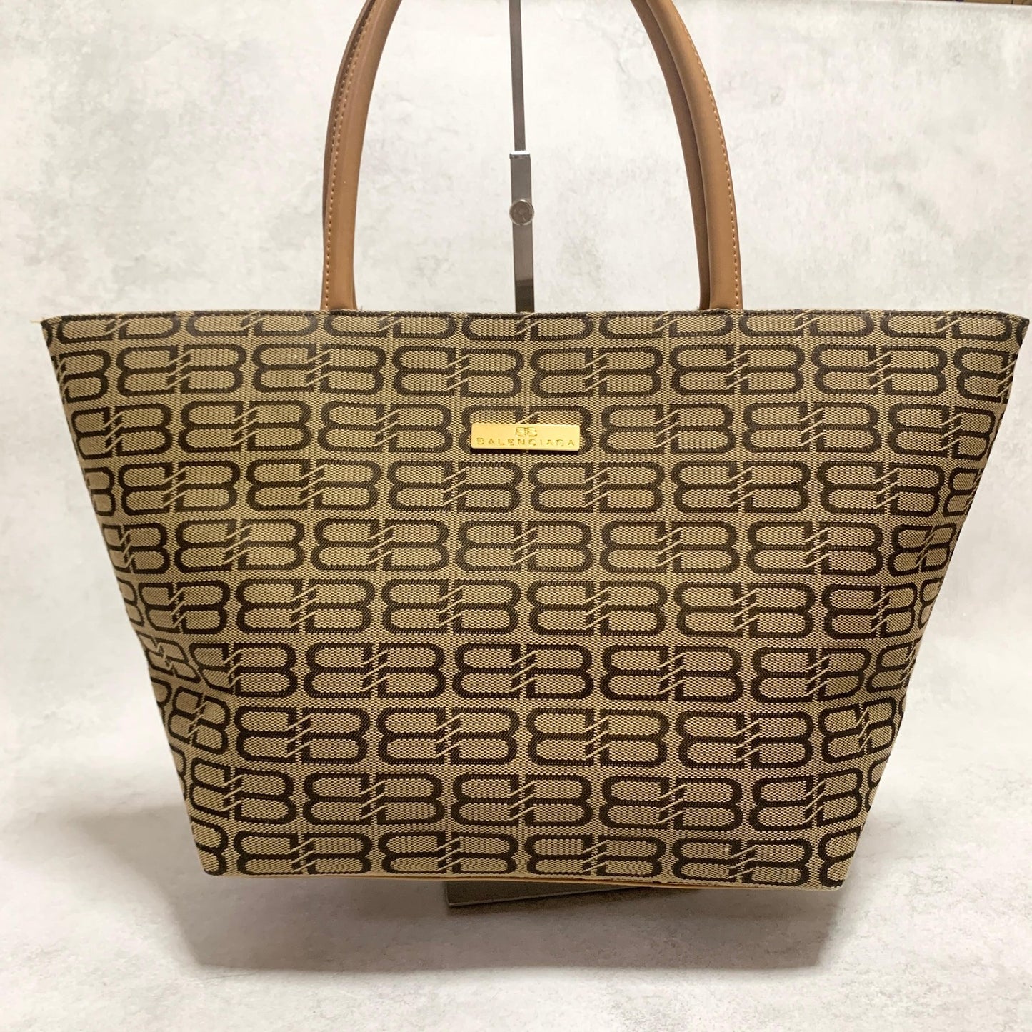 BALENCIAGA Bag BB Logo Hand Tote Purse Canvas Beige Gold Used Authentic