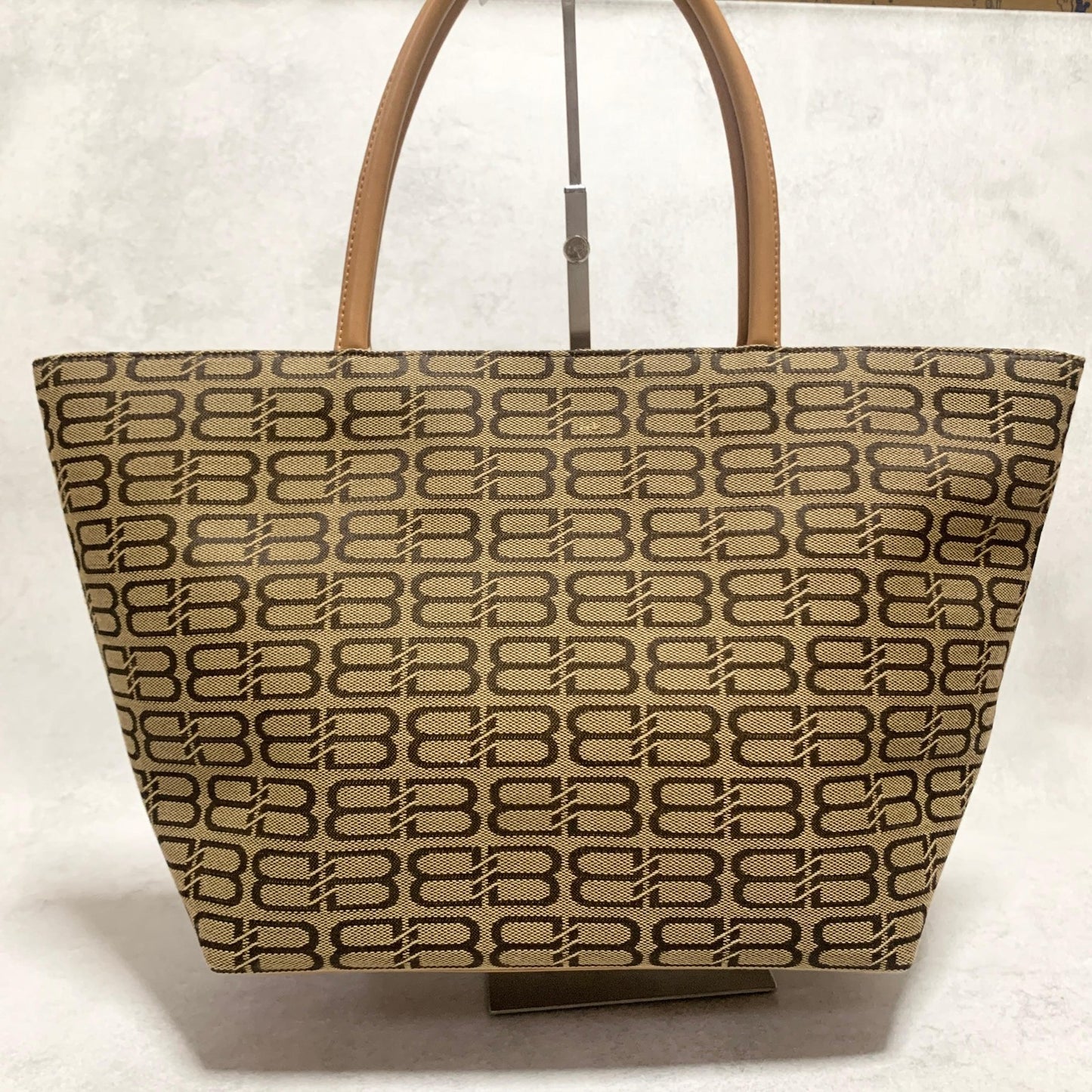 BALENCIAGA Bag BB Logo Hand Tote Purse Canvas Beige Gold Used Authentic