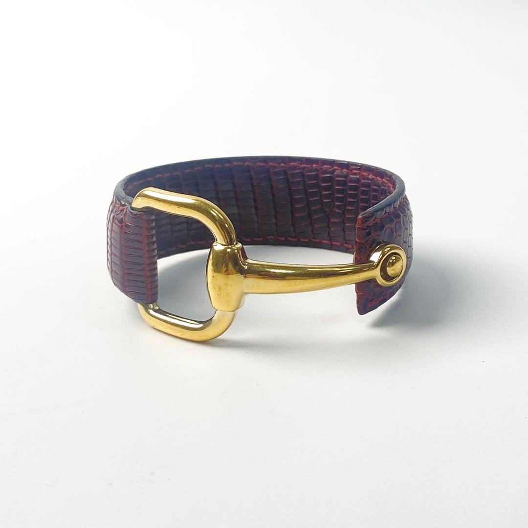 GUCCI Bracelet Bangle Horsebit Gold Bordeaux Leather Women Accessory Authentic
