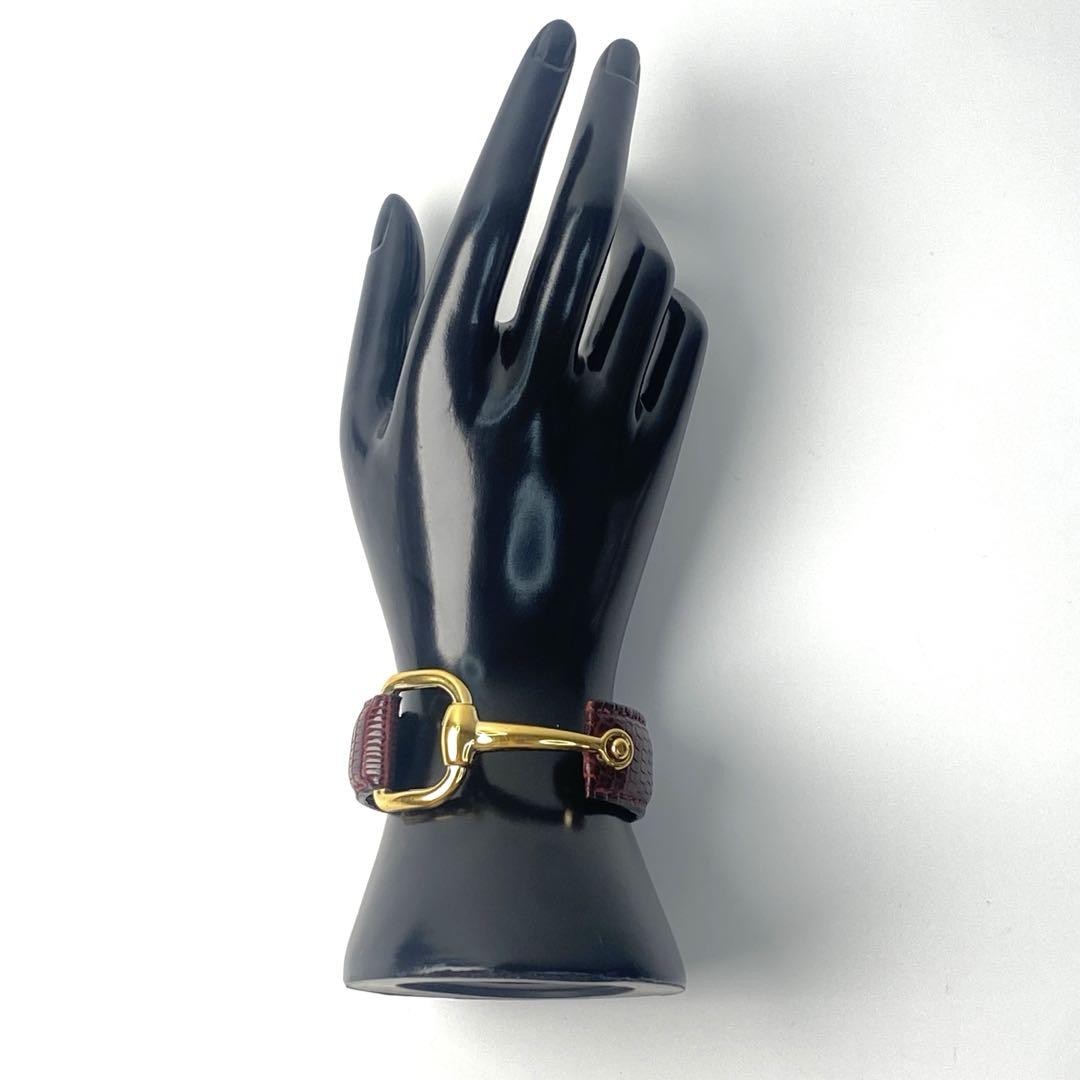 GUCCI Bracelet Bangle Horsebit Gold Bordeaux Leather Women Accessory Authentic