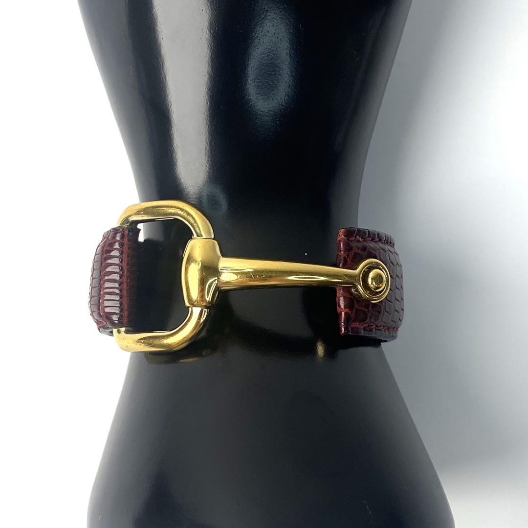 GUCCI Bracelet Bangle Horsebit Gold Bordeaux Leather Women Accessory Authentic