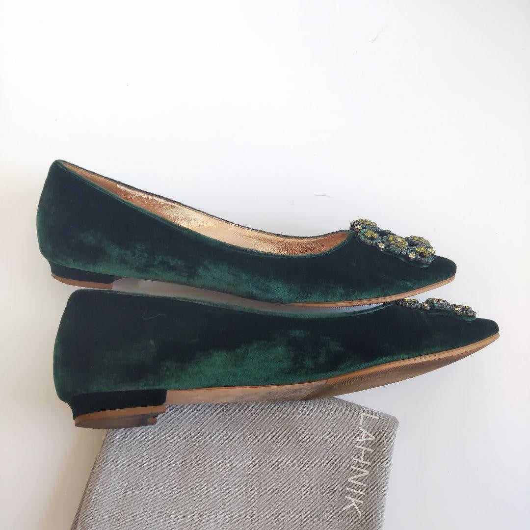 Manolo Blahnik Shoes Pumps Heel HANGISI EU 37.5 US 7.5 Dark Green Authentic