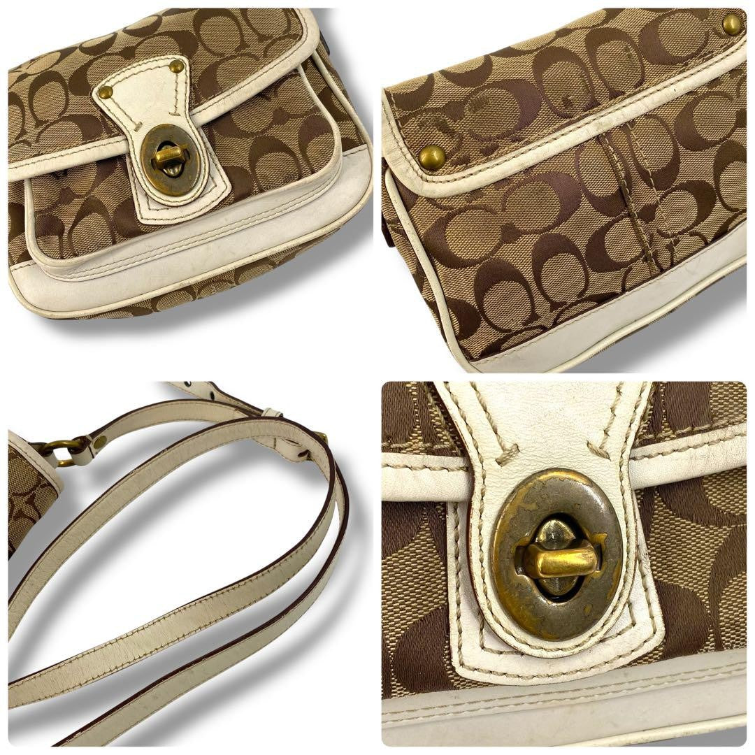 COACH Shoulder Bag Purse Turn Lock Canvas Leather White Beige Authentic