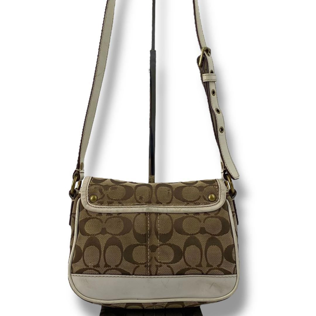 COACH Shoulder Bag Purse Turn Lock Canvas Leather White Beige Authentic