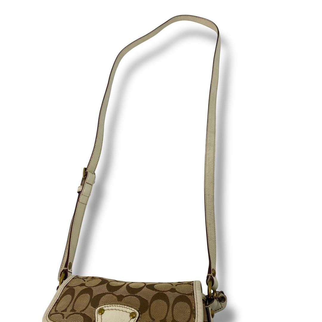 COACH Shoulder Bag Purse Turn Lock Canvas Leather White Beige Authentic
