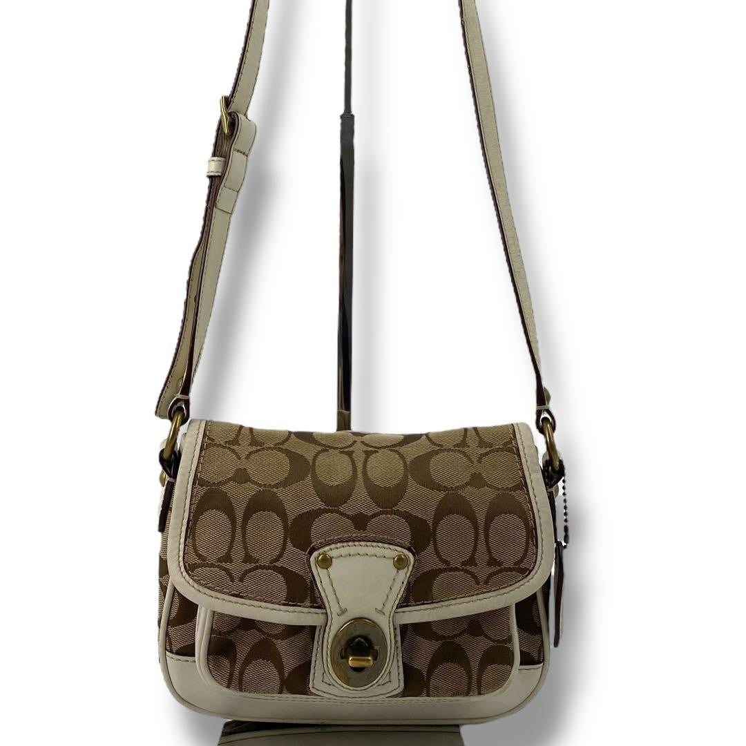 COACH Shoulder Bag Purse Turn Lock Canvas Leather White Beige Authentic